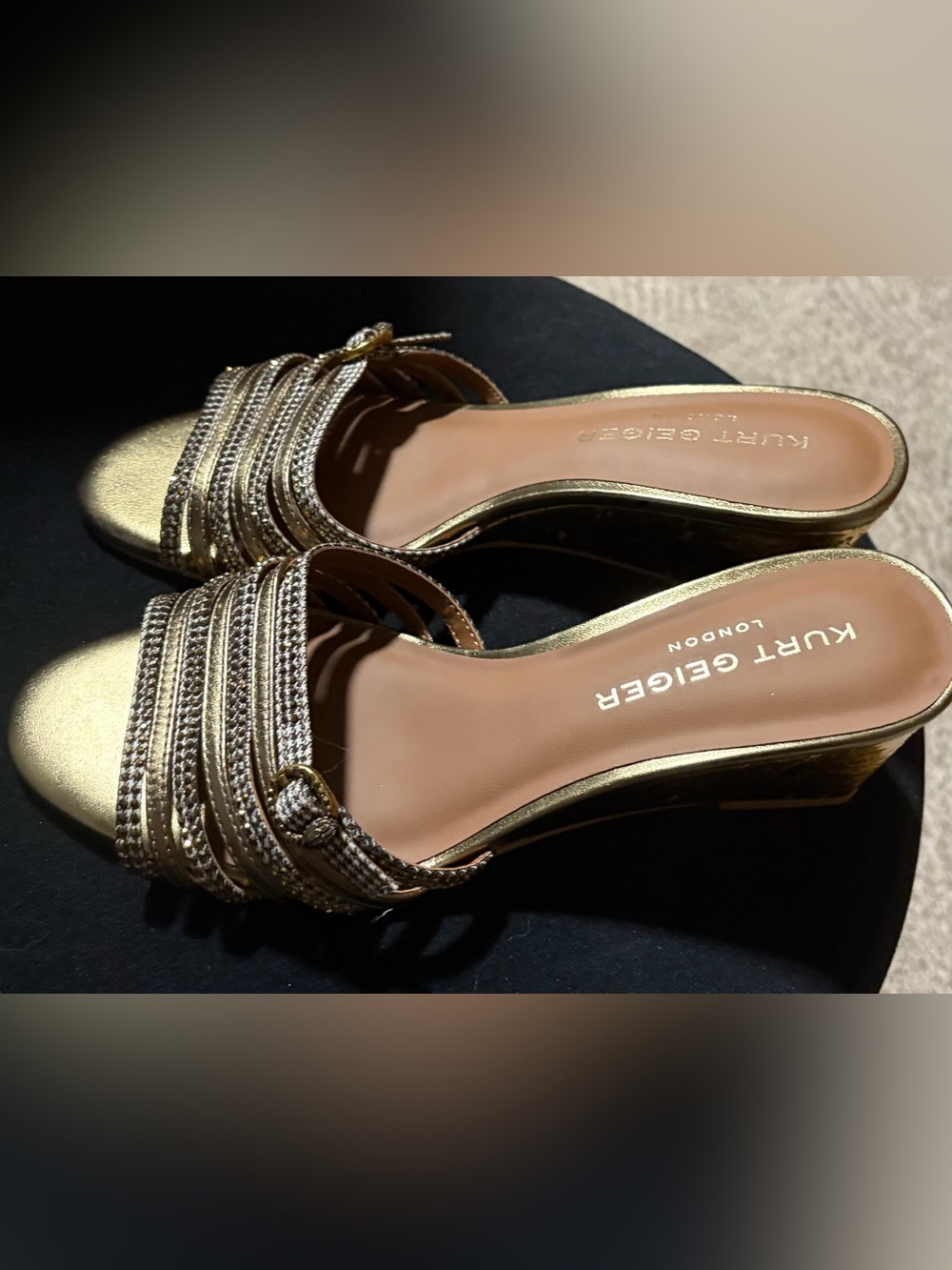 Kurt Geiger Metallic Gold Braided Strap Slide Mules - size 38